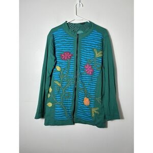 Rising International Full Zip Sweater Sz XL Colorful Hippie Textured Boho Floral